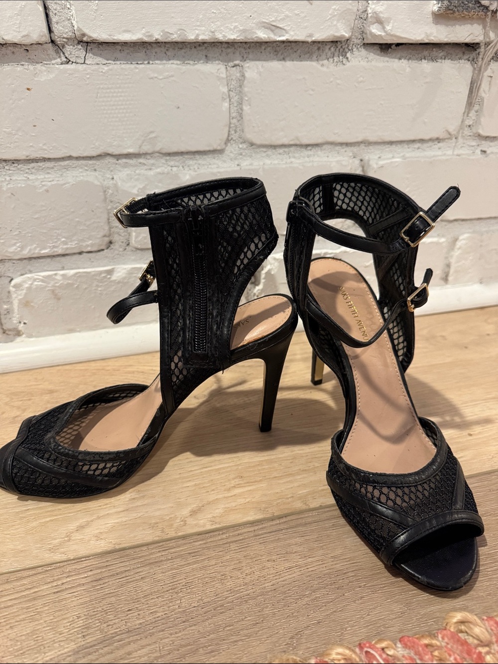 Saks Fifth Avenue Black Mesh Ankle-Strap Stiletto Heels